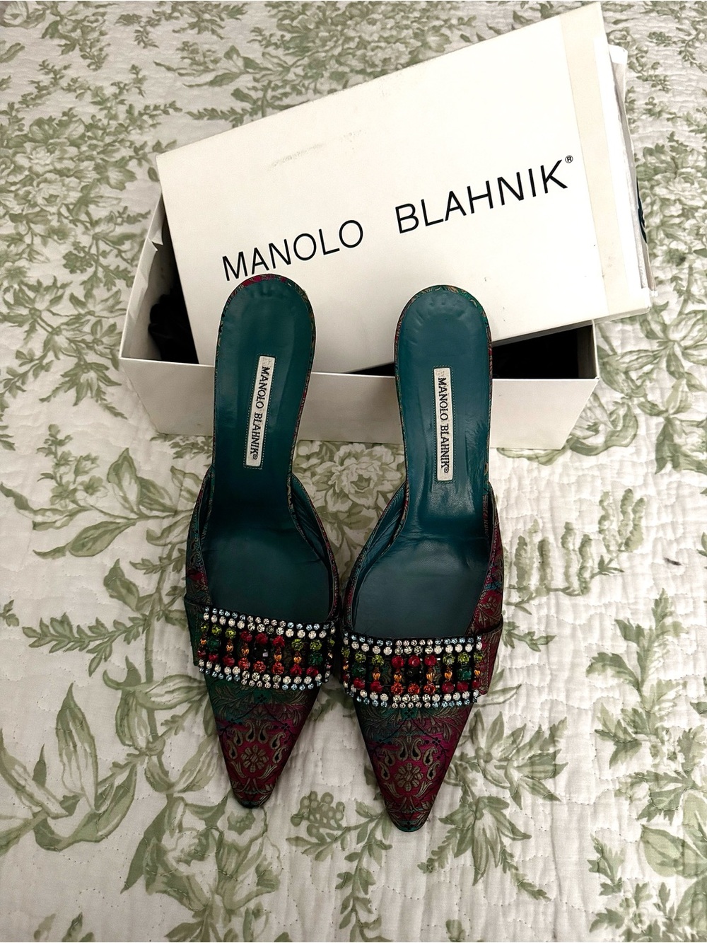 Manolo Blahnik Jeweled Brocade Kitten Heel Mules | Multicolor | EU 41.5 / US 11